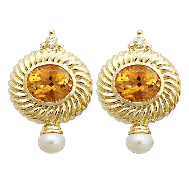 Earrings-Citrine, Pearl and Diamond