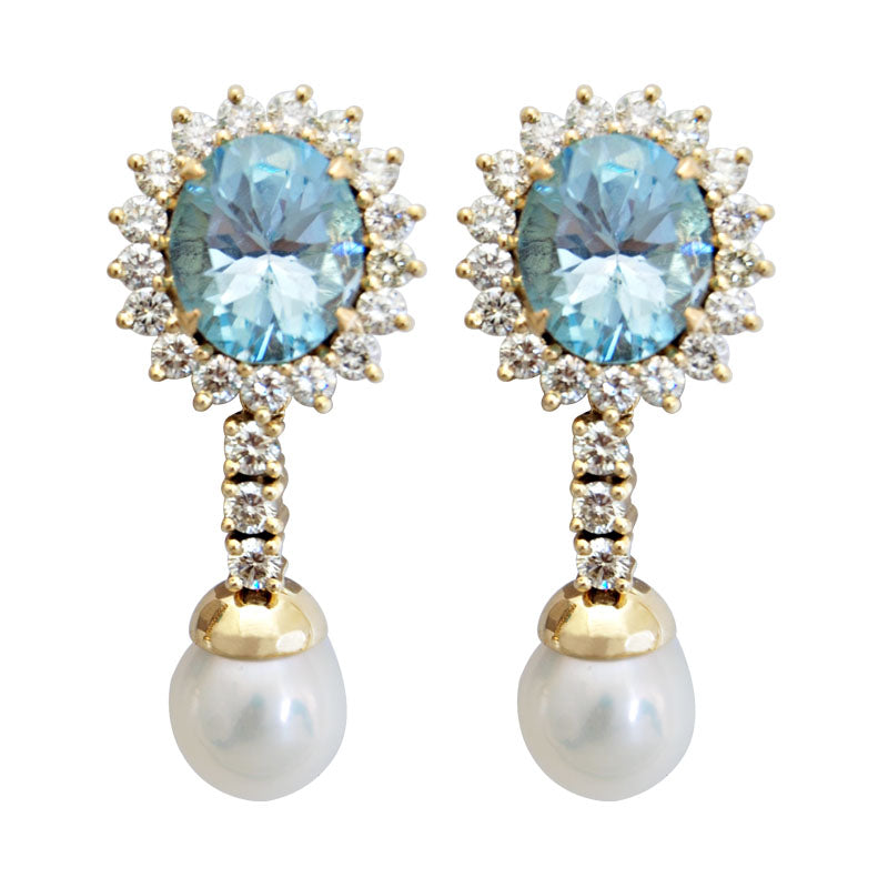 Earrings-Blue Topaz, Pearl and Diamond