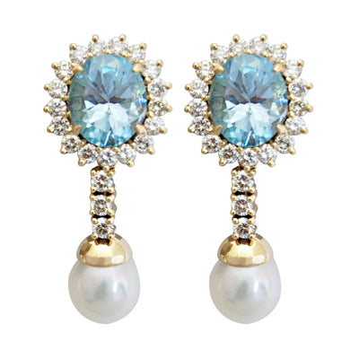 Earrings - Blue Topaz, Pearl And Diamond
