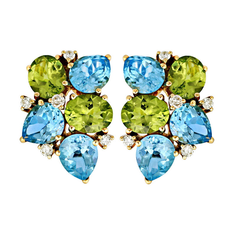 Earrings-Peridot, Blue Topaz and Diamond