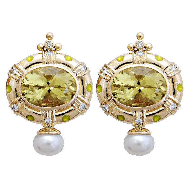 Earrings - Lemon Quartz, Pearl and Diamond (Enamel) | Singhvi Jewels