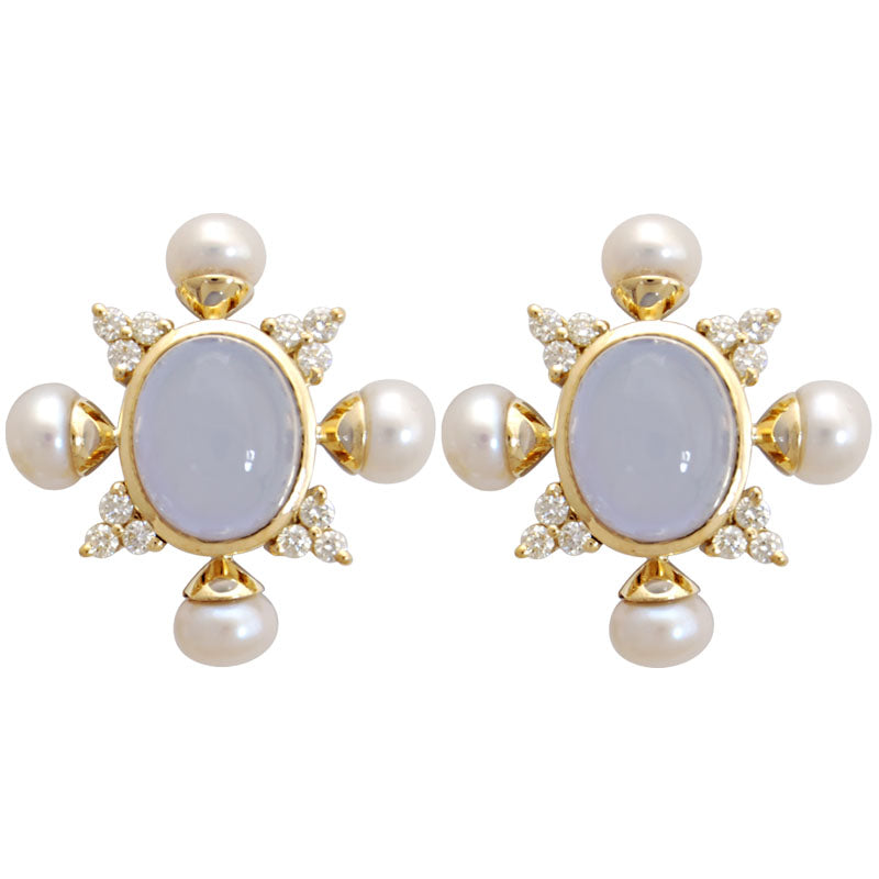 Earrings-Chalcedony, Pearl and Diamond