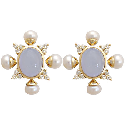 Earrings-Chalcedony, Pearl and Diamond