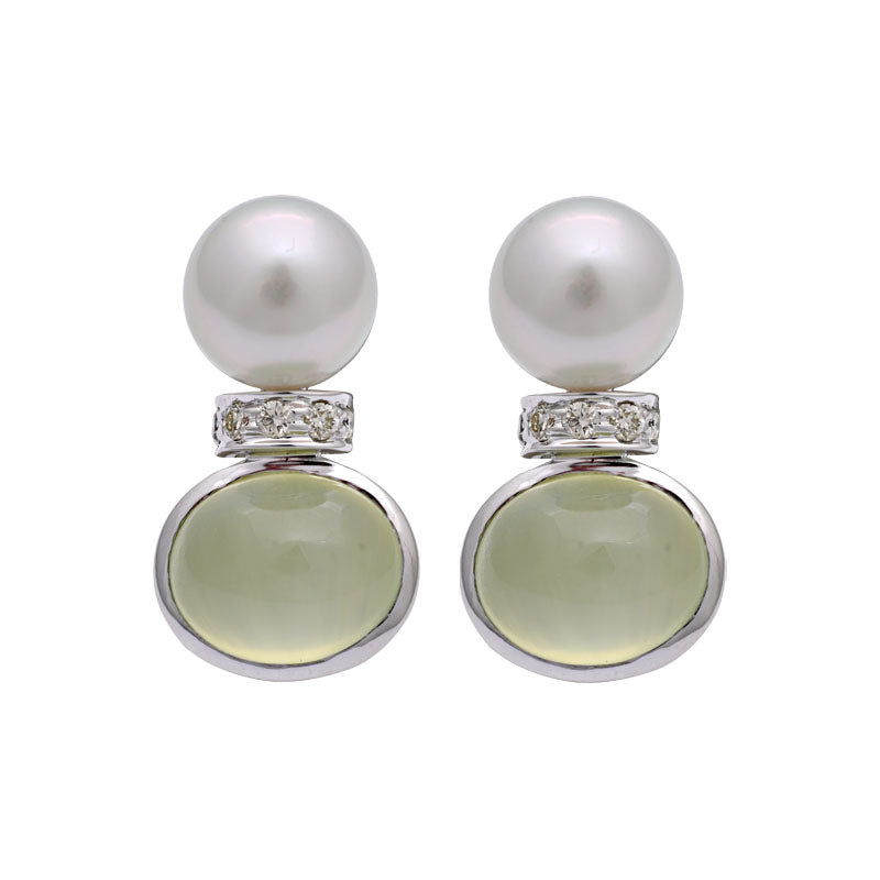 Earrings-Prehnite, South Sea Pearl and Diamond