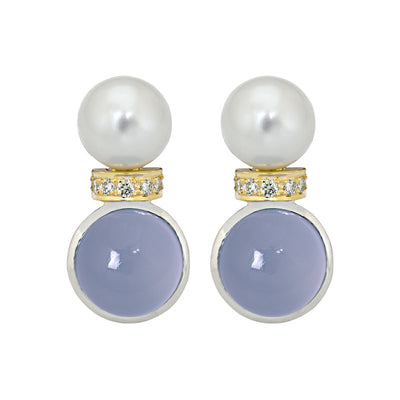 Earrings - Chalcedony, South Sea Pearl And Diamond