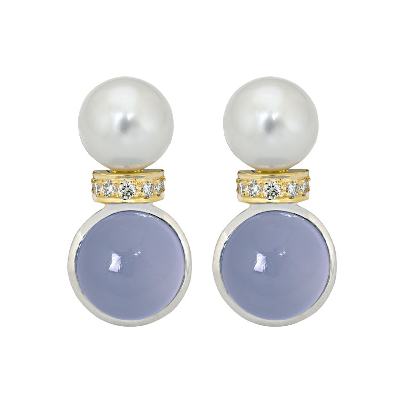 Earrings- Chalcedony, South Sea Pearl and Diamond