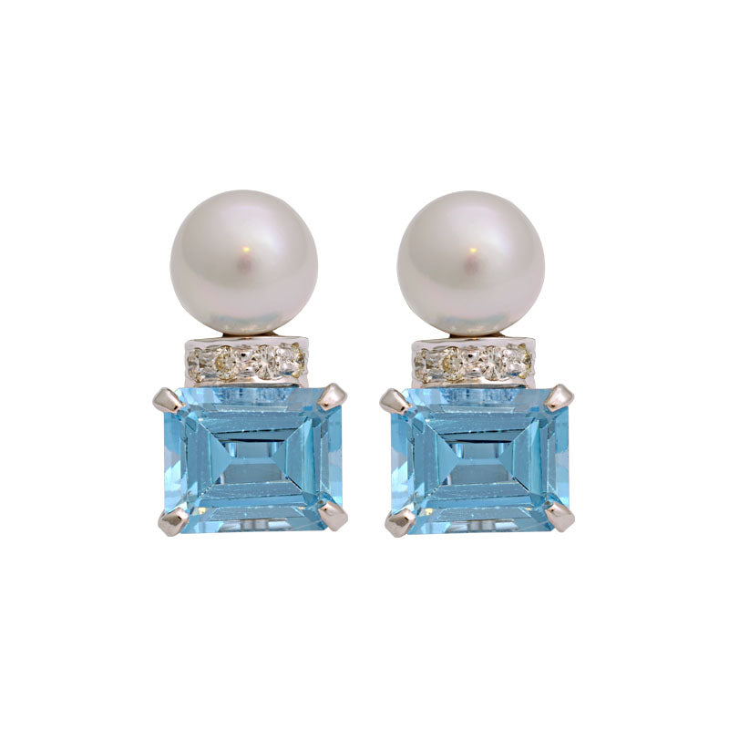 Earrings-Blue Topaz, South Sea Pearl and Diamond