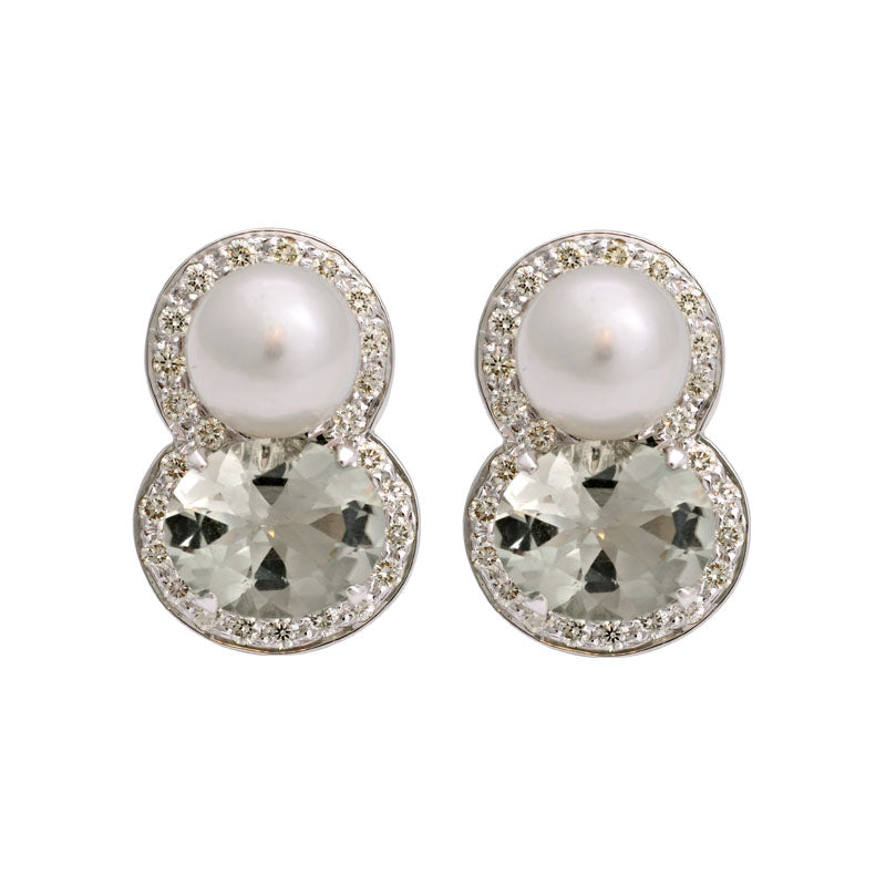 Earrings-Green Quartz, South Sea Pearl and Diamond