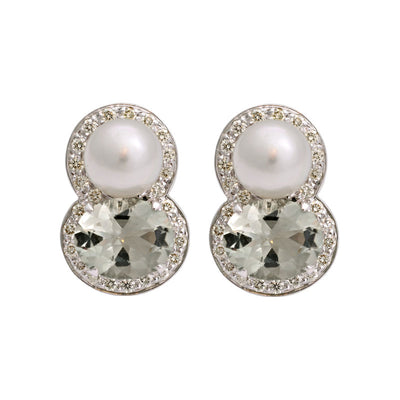 Earrings - Green Quartz, South Sea Pearl And Diamond