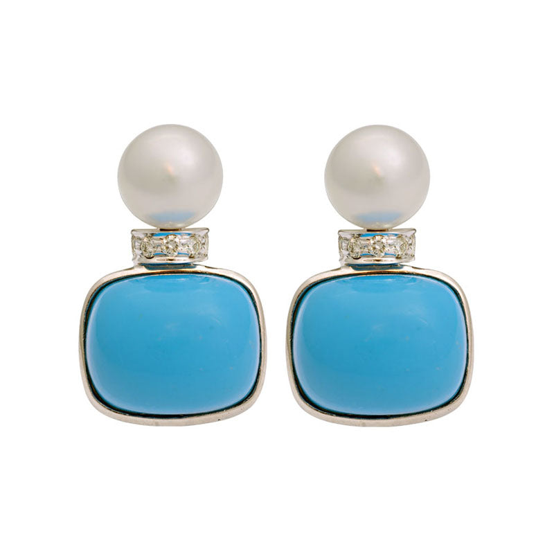 Earrings-Synthetic Turquoise, South Sea Pearl and Diamond