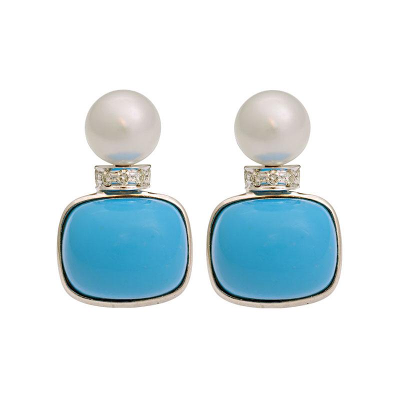 Earrings-Synthetic Turquoise, South Sea Pearl and Diamond (181DS) | Singhvi Jewels