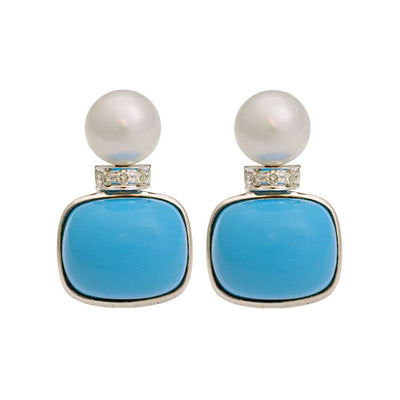 Earrings-Synthetic Turquoise, South Sea Pearl and Diamond  (181DS)