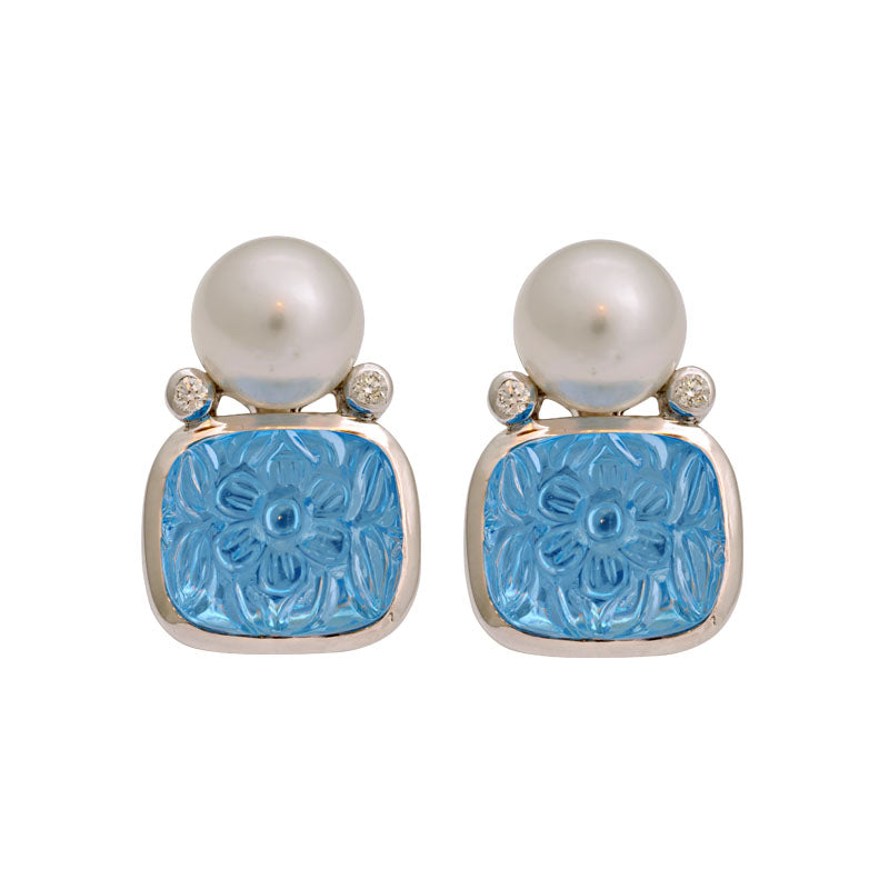 Earrings-Blue Topaz, South Sea Pearl and Diamond