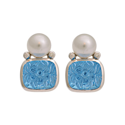 Earrings - Blue Topaz, South Sea Pearl And Diamond