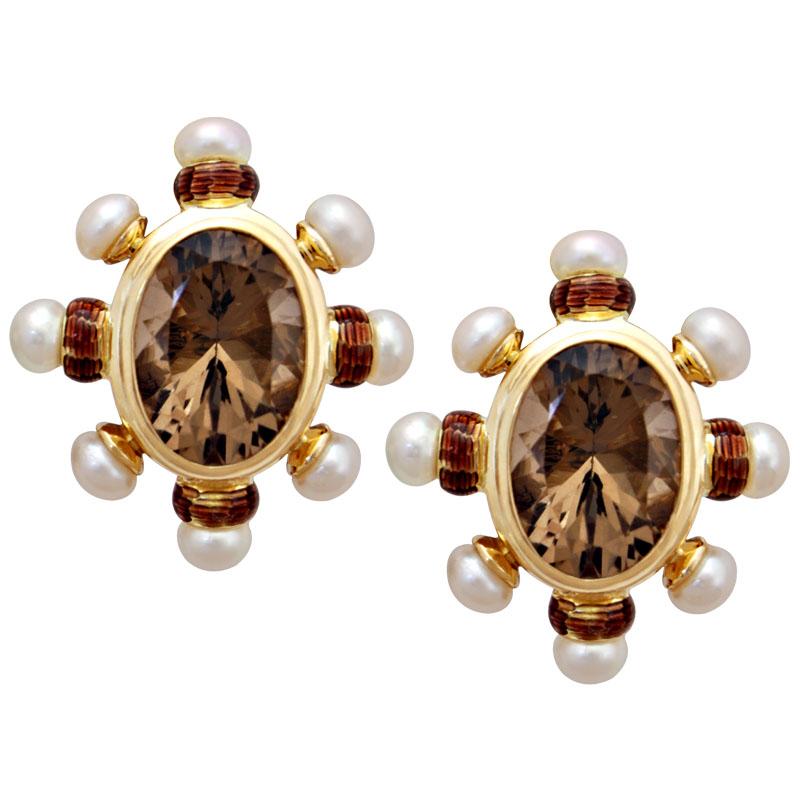 Earrings-Smokey Quartz and Pearl (Enamel) (1815C) | Singhvi Jewels