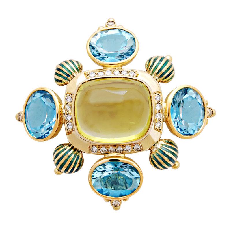 Brooch-Lemon Quartz, Blue Topaz and Diamond (Enamel) (1818I) | Singhvi Jewels