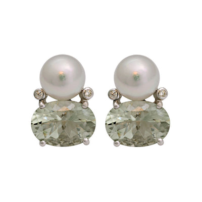 Earrings - Green Quartz, South Sea Pearl And Diamond