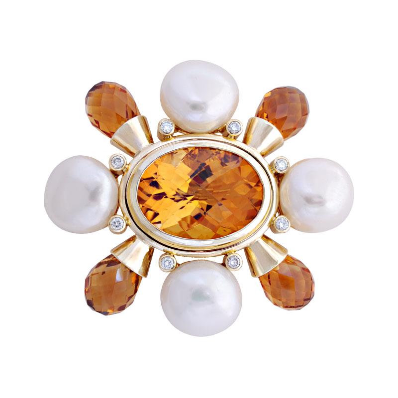 Brooch - Citrine, Pearl and Diamond | Singhvi Jewels