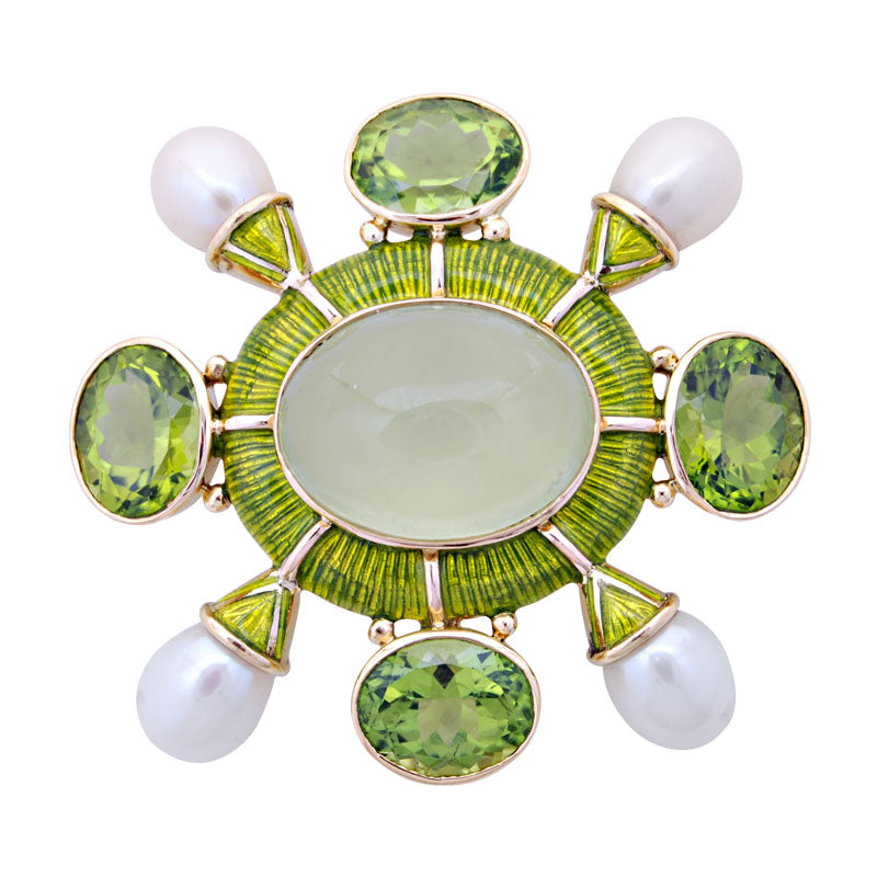 Brooch - Prehnite, Peridot and Pearl (Enamel) | Singhvi Jewels