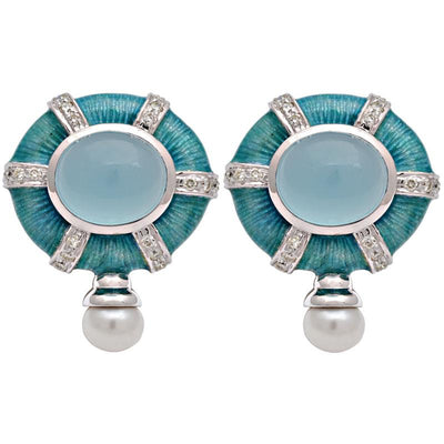Earrings-Chalcedony, Fresh Water Pearl and Diamond (Enamel)  (183BS)