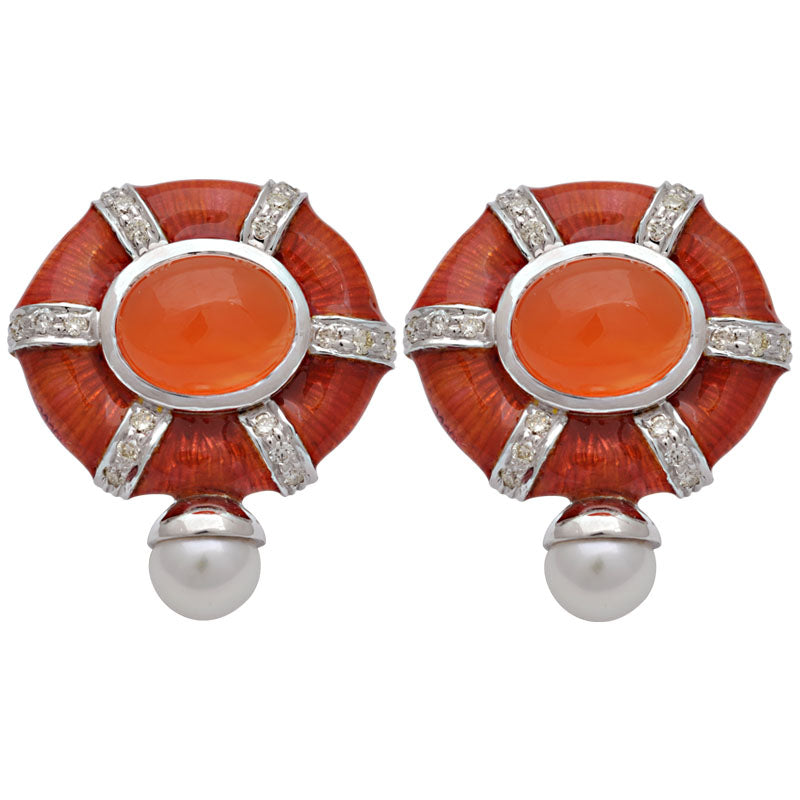 Earrings-Cornelian, Fresh Water Pearl and Diamond (Enamel)