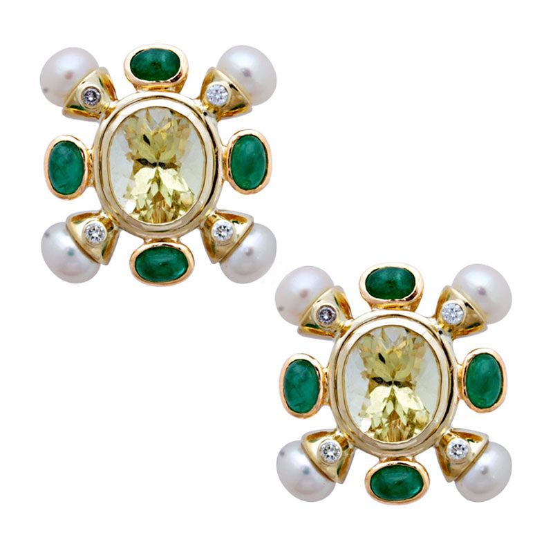 Earrings - Lemon Quartz, Emerald, Pearl and Diamond | Singhvi Jewels