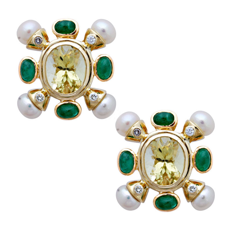 Earrings-Lemon Quartz, Emerald, Pearl and Diamond