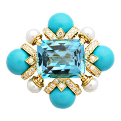 Brooch-Blue Topaz, Turquoise (Synthetic), Pearl and Diamond