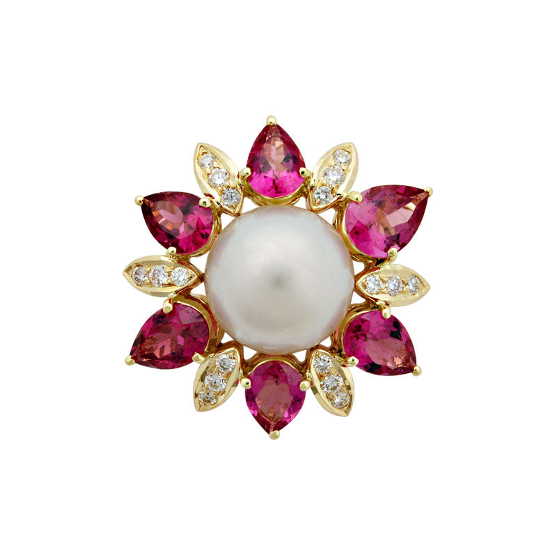 Brooch-Rubellite, Pearl and Diamond