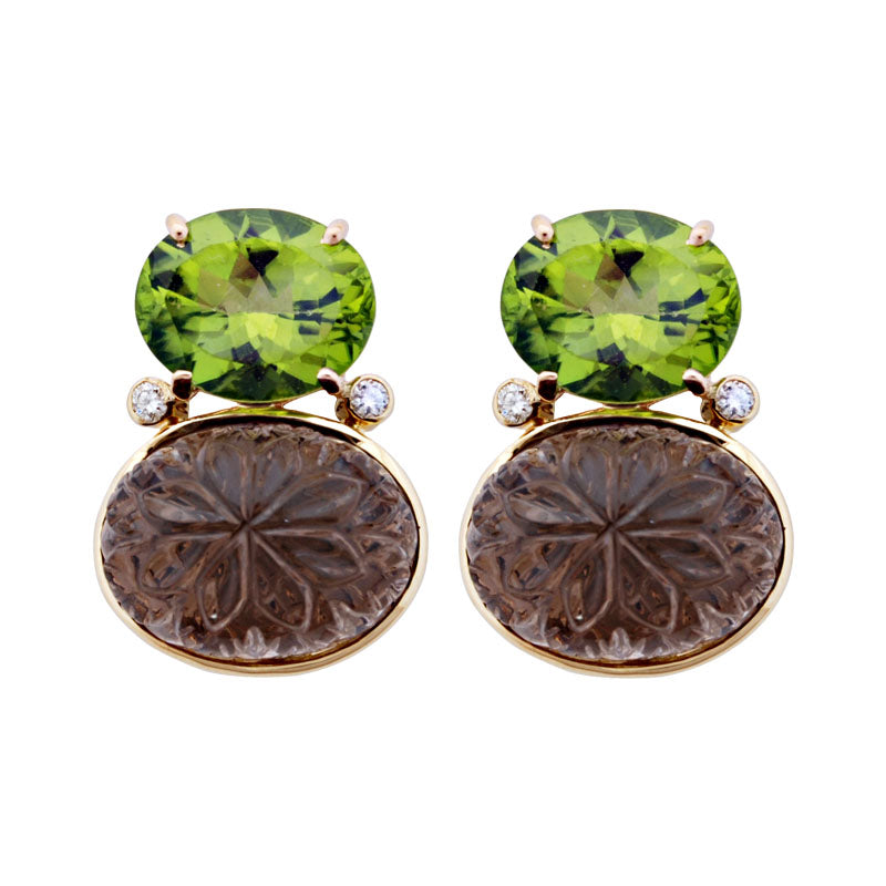 Earrings-Peridot, Smokey Quartz and Diamond