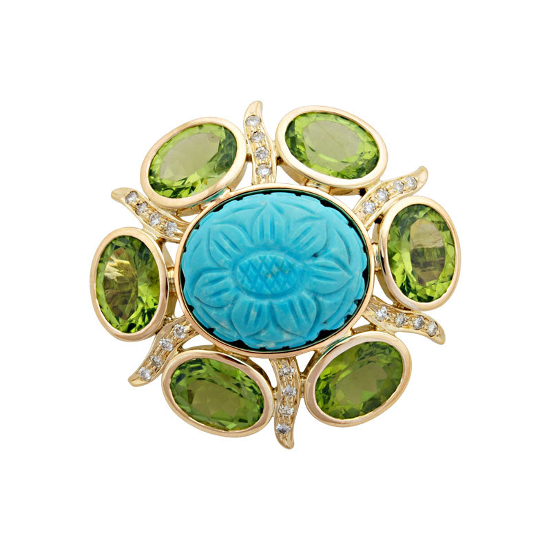 Brooch - Turquoise, Peridot and Diamond | Singhvi Jewels