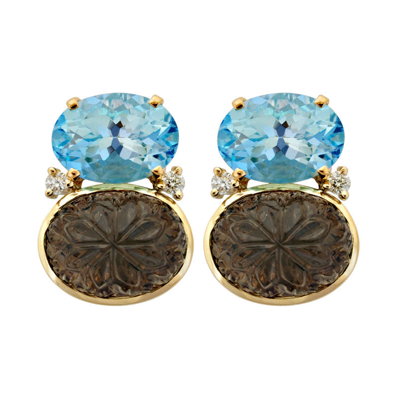 Earrings-Blue Topaz, Smokey Quartz and Diamond