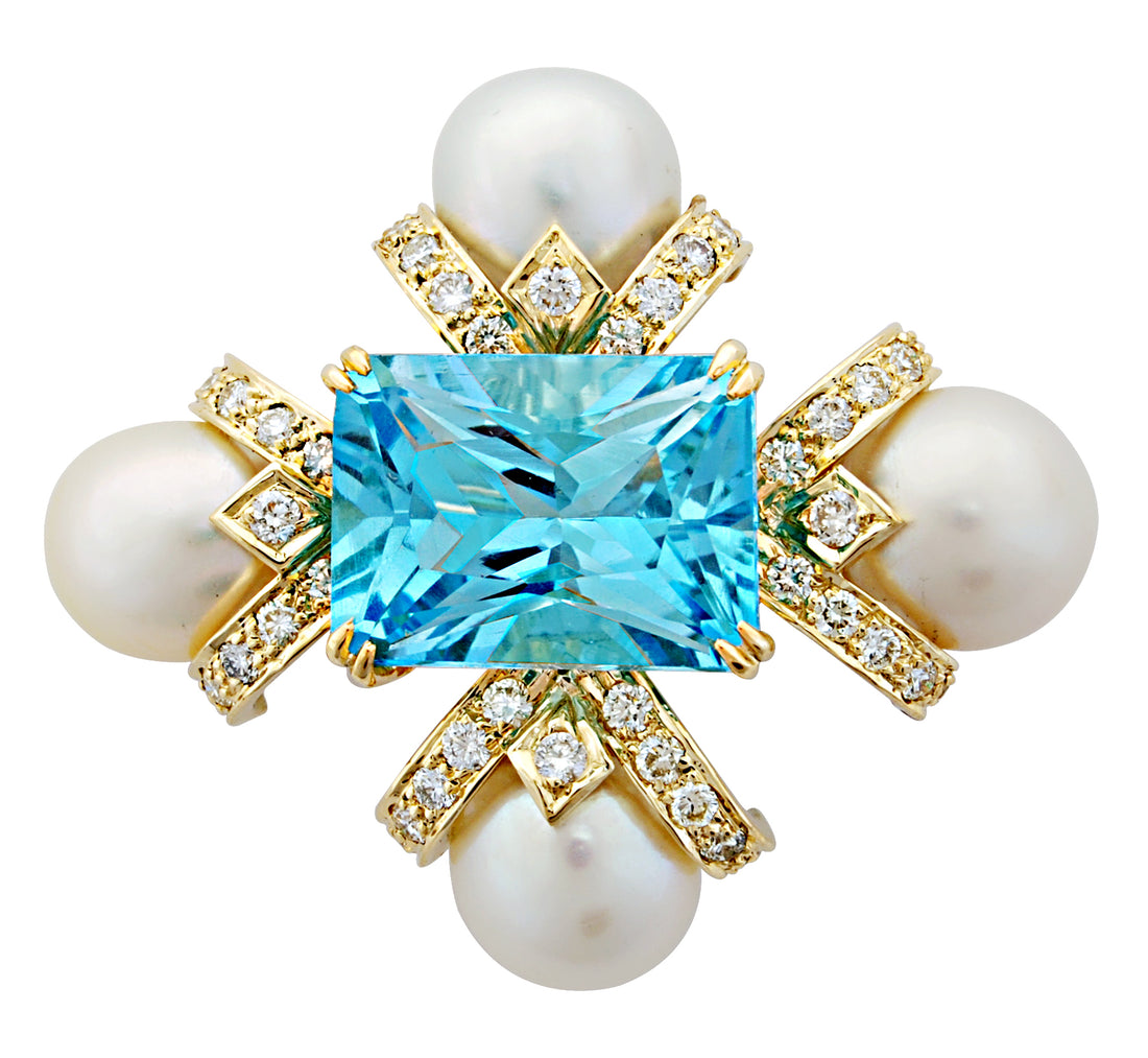 Brooch - Blue Topaz, Pearl and Diamond | Singhvi Jewels