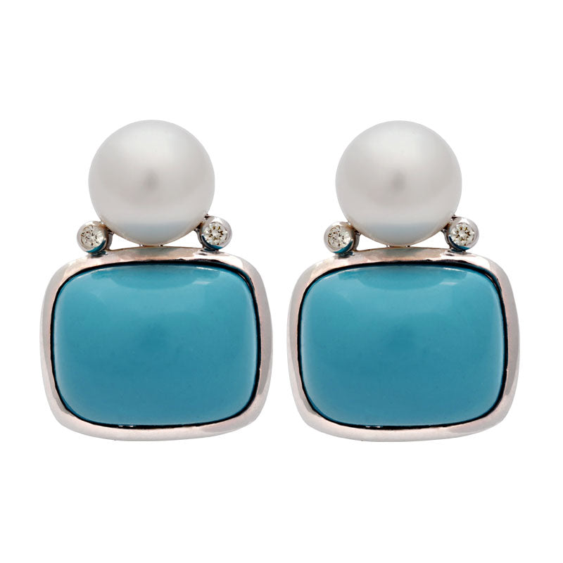 Earrings-Synthetic Turquoise, South Sea Pearl and Diamond