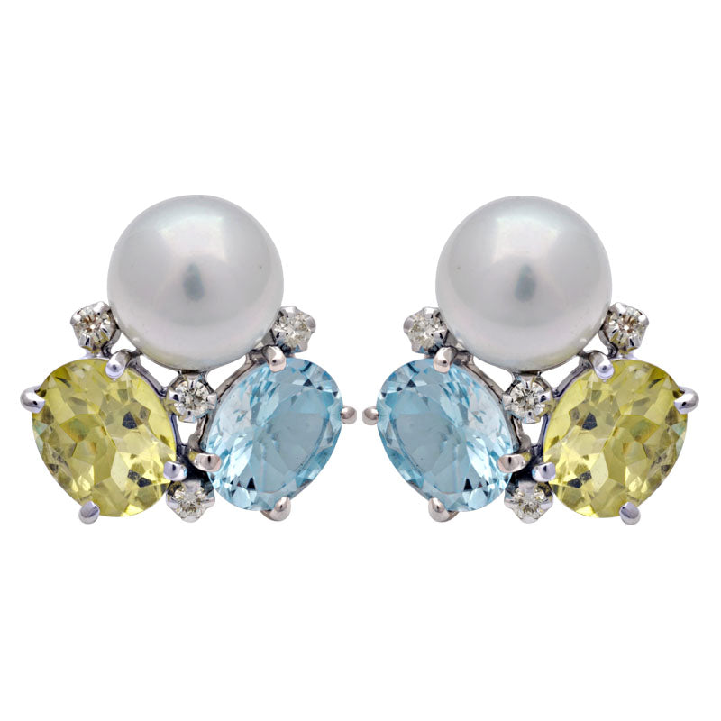 Earrings - Lemon Quartz, Blue Topaz, South Sea Pearl and Diamond | Singhvi Jewels