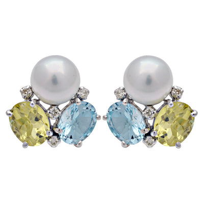 Earrings - Lemon Quartz, Blue Topaz, South Sea Pearl And Diamond