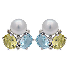 Earrings -Lemon Quartz, Blue Topaz, South Sea Pearl and Diamond