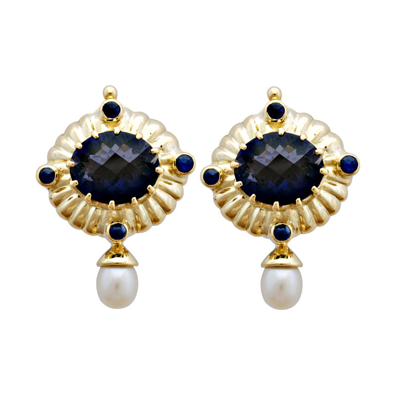 Earrings-Iolite, Blue Sapphire and Pearl