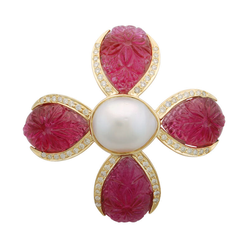 Brooch-Rubellite, Pearl and Diamond