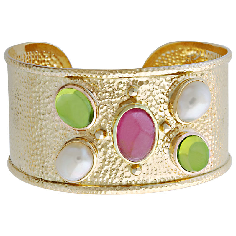 Cuff Bangle - Rubellite, Peridot and Pearl | Singhvi Jewels