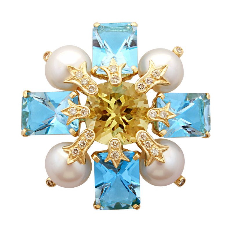 Brooch - Lemon Quartz, Blue Topaz, Pearl and Diamond | Singhvi Jewels