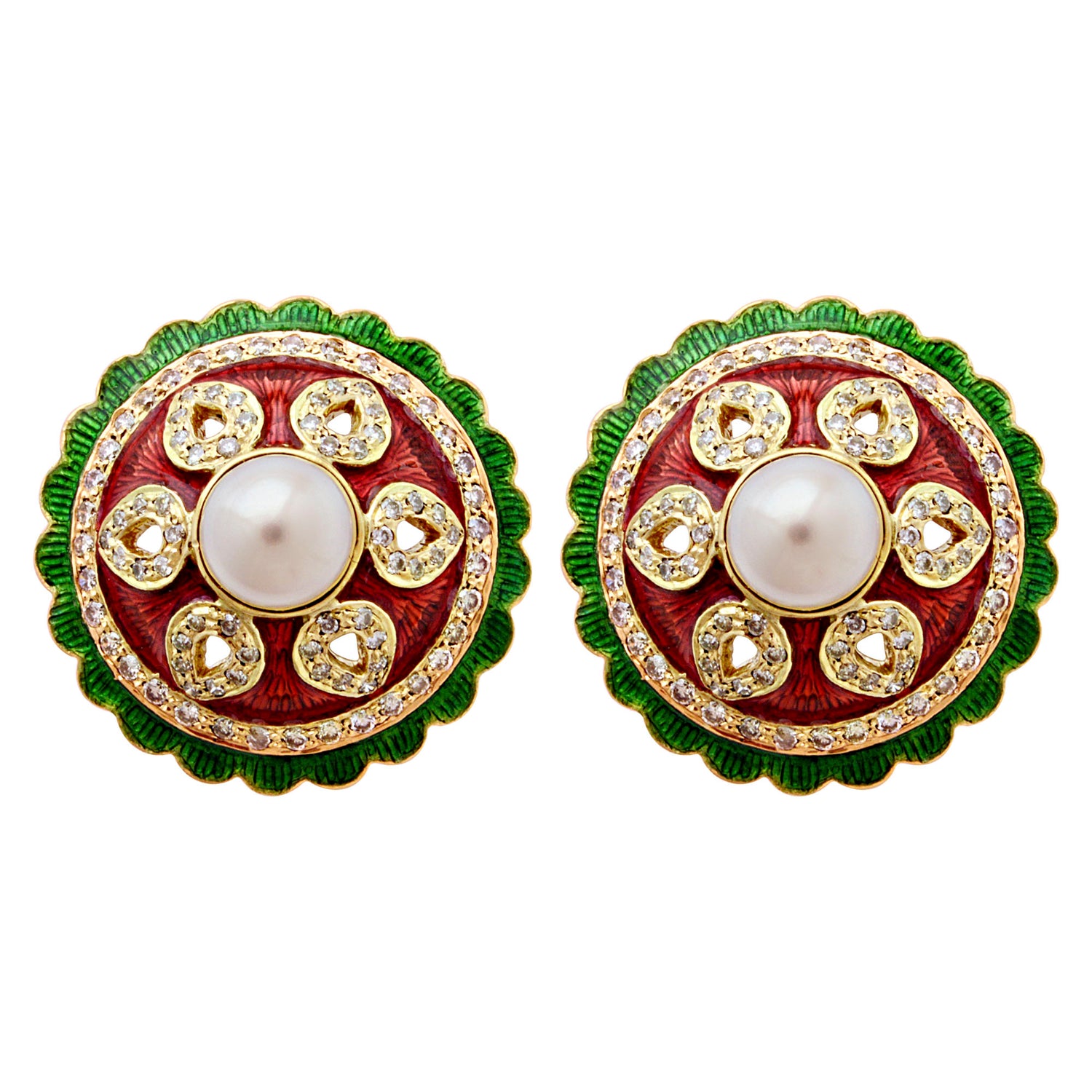 Earrings - Fresh Water Pearl And Diamond (Enamel) | Singhvi Jewels