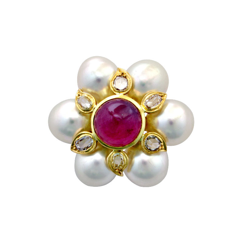 Brooch - Rubellite, Pearl and Diamond | Singhvi Jewels