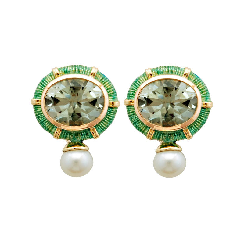 Earrings-Green Quartz and Pearl (Enamel)