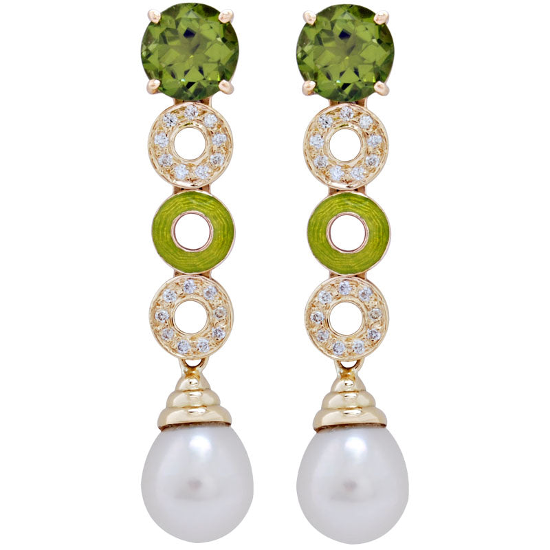 Earrings-Peridot, Pearl and Diamond (Enamel)