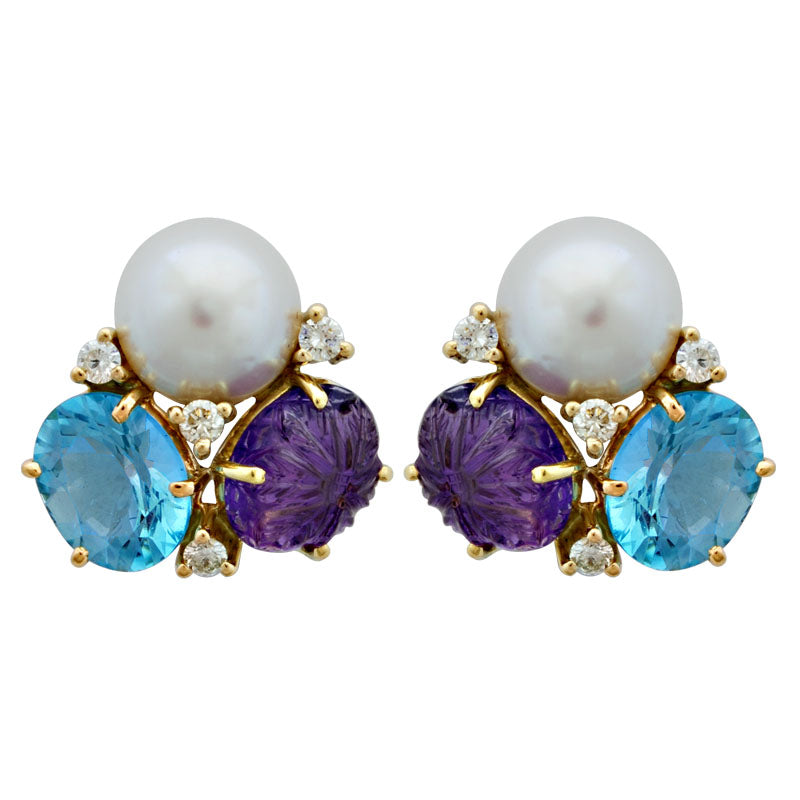 Earrings-Amethyst, Blue Topaz, Pearl and Diamond