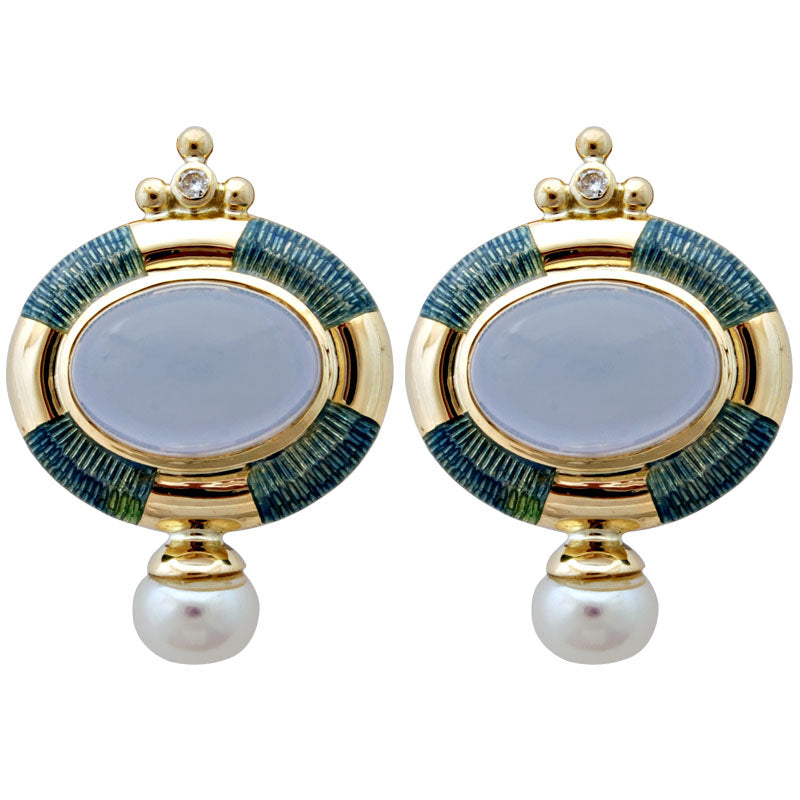 Earrings-Chalcedony, Pearl and Diamond (Enamel)