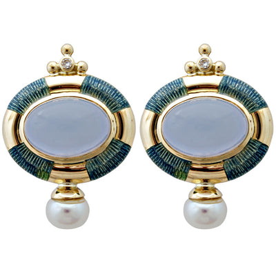 Earrings - Chalcedony, Pearl And Diamond (Enamel)