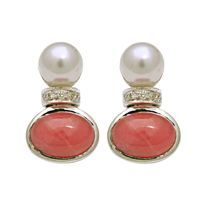Earrings-Rhodocrosite, South Sea Pearl and Diamond
