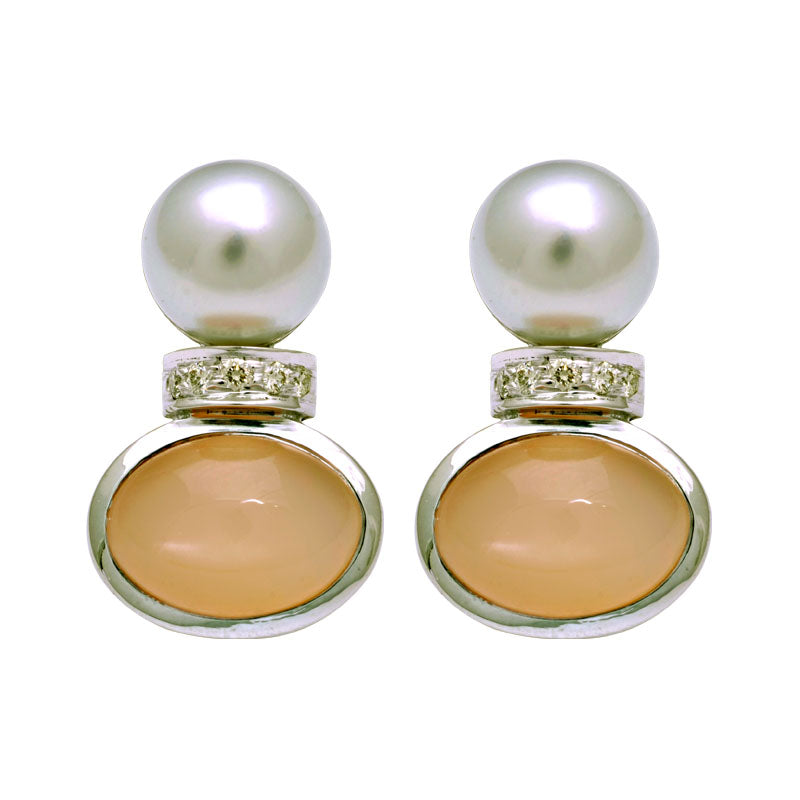 Earrings-South Sea Pearl, Pink Moonstone and Diamond